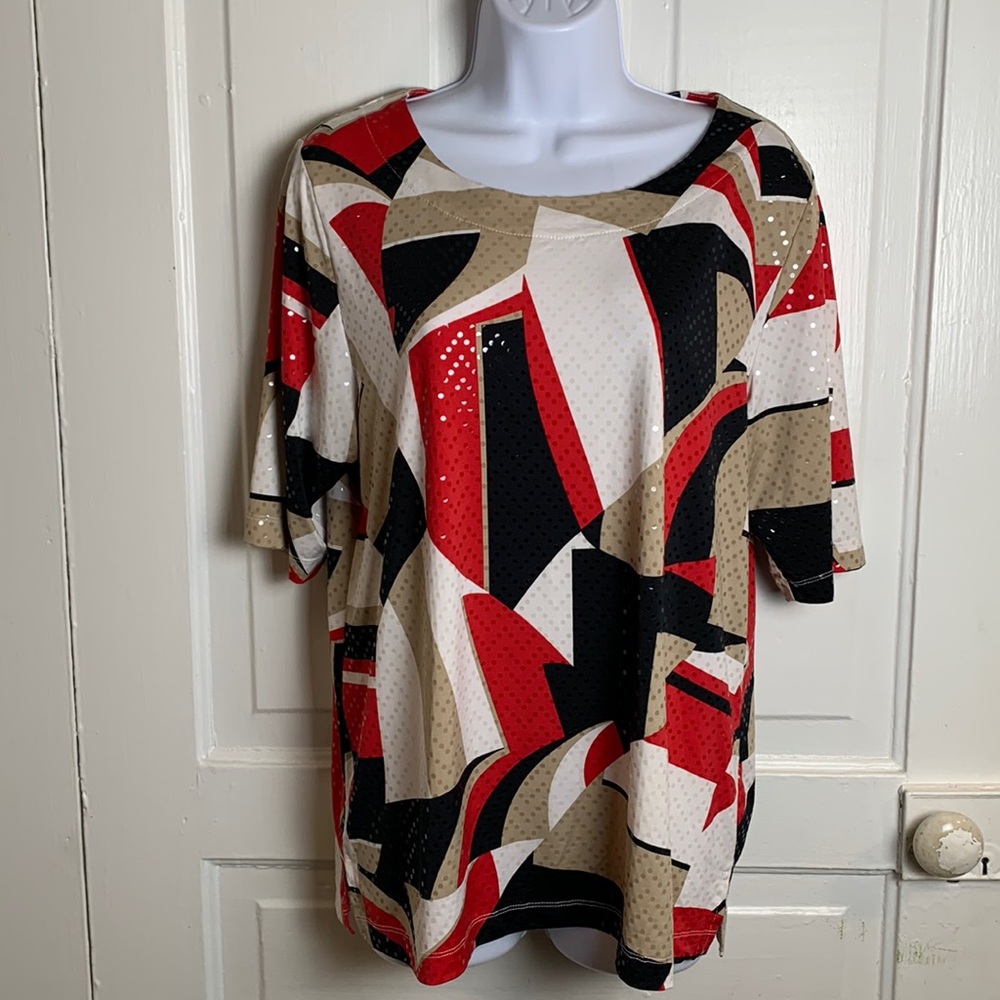 Bon Worth Shimmer Sparkle Geometric Design Tunic Blouse Size S